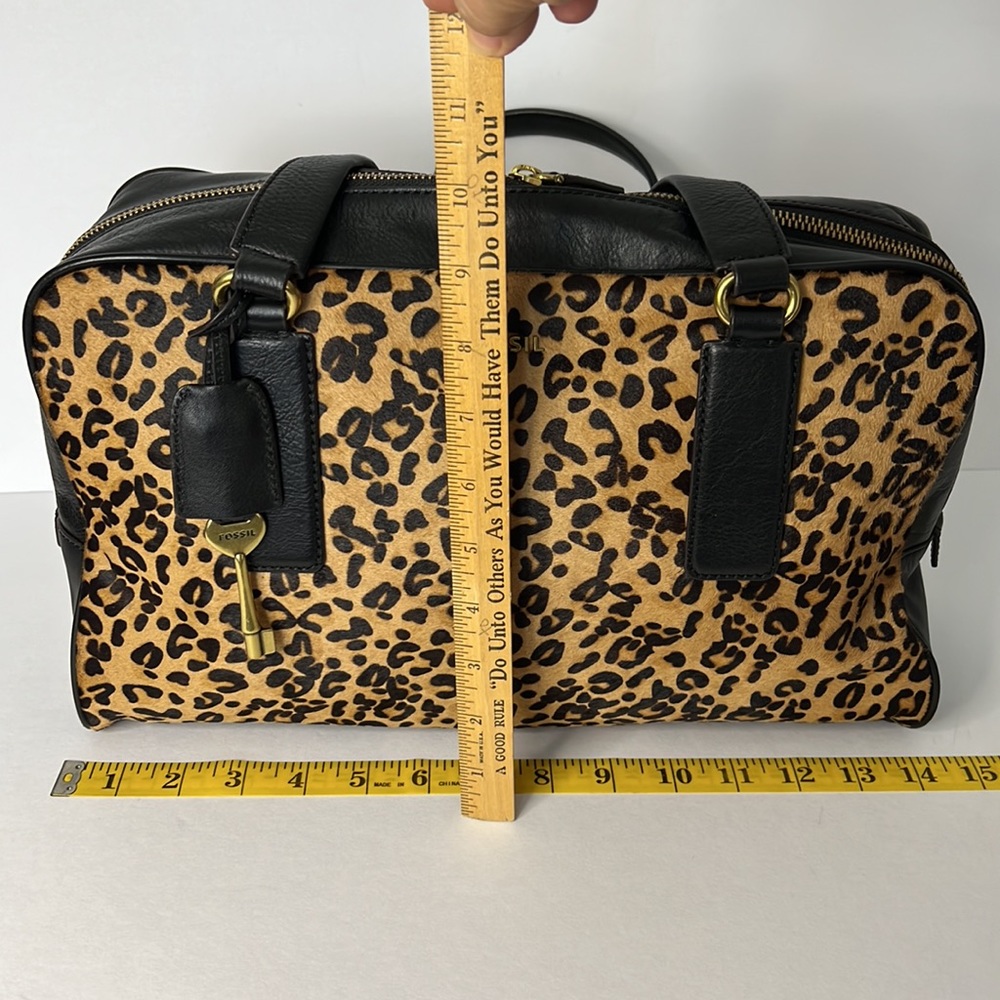 Fossil Black Leather Leopard Cheetah Print Handbag Satchel - Picture 8 of 16